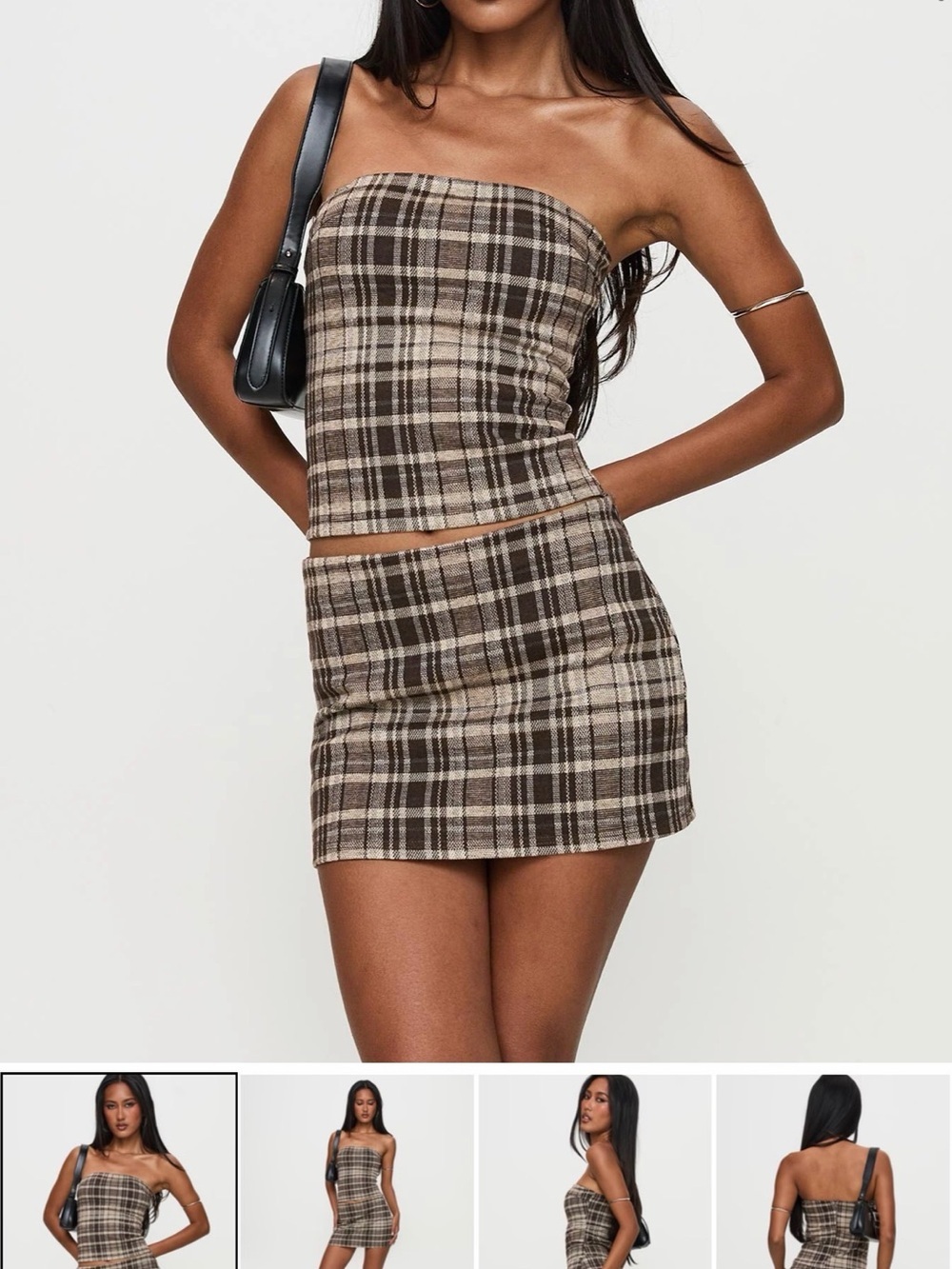 NWT Princess Polly Brown Plaid Mini Skirt & Strapless Top Set Size US 6
